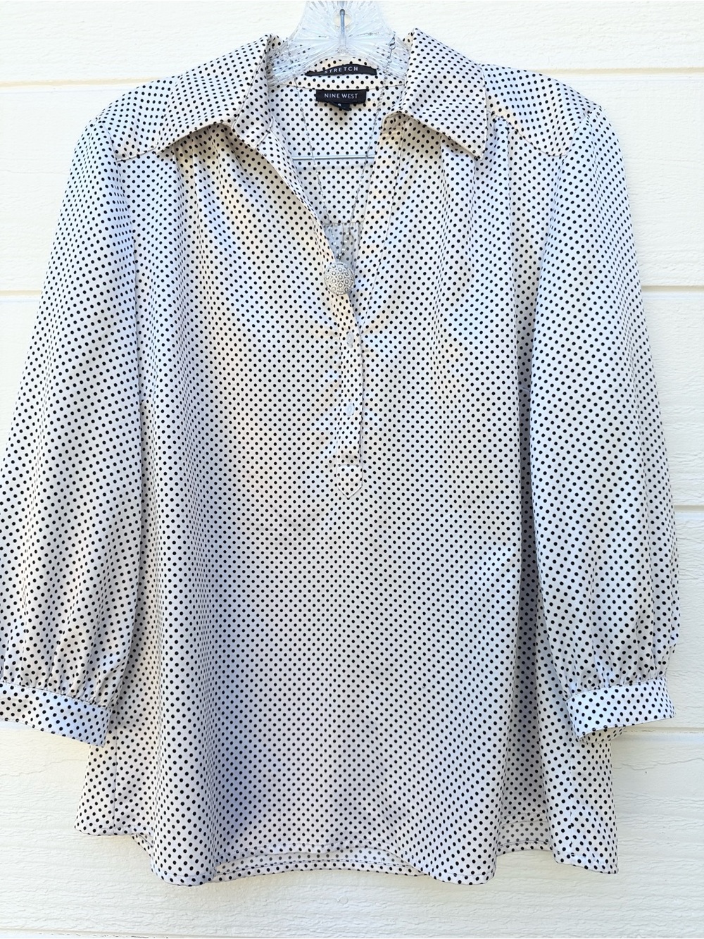 Nine West White 3/4 Button Blouse with Black Polka Dots Size 8.